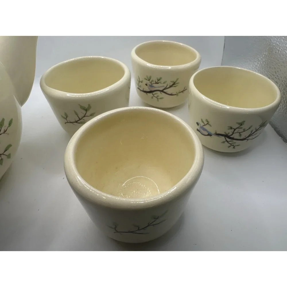 Beige Glazed Ceramic Floral Tea Set Teapot w/ Lid & 4 Cups, 8 oz